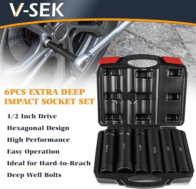 6.75 Inch Long Extended Length Impact Socket Set 1/2 Inch Drive Extra Deep Sockets Heavy Duty Steel With Hex Sizes 3/4" 7/8" 15/16" 1-1/16" 1-1/8" 1-1/4" for High Torque Use 6PCS