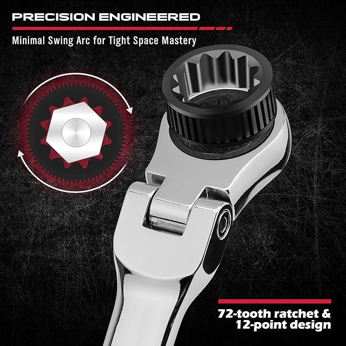 Extra Long Flex-Head Ratcheting Wrench Set, Anti-Slip 6-Piece Double Box End Wrench Set, 72-Teeth, Metric 8-19mm, CR-V Steel Wrench with Rolling Pouch