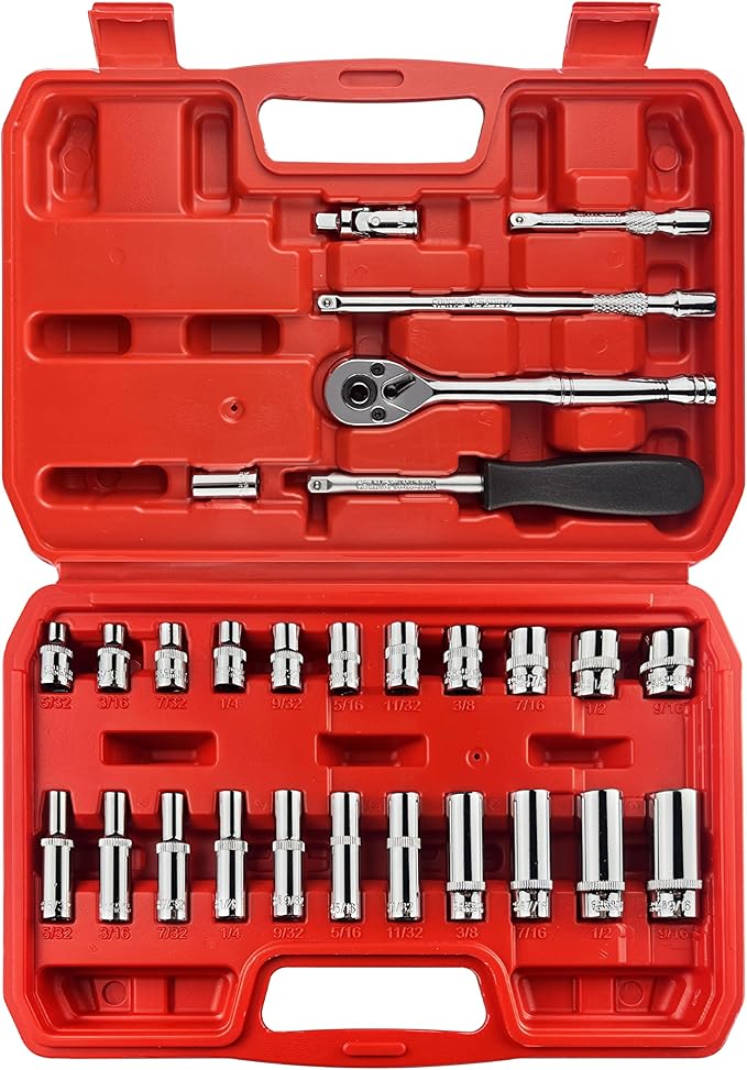 28pcs 1/4" Drive Impact Socket Set,Drive Master Socket Set,SAE, Deep&Shallow with Universal Joint,Extension bar,Ratchet Wrench,Hex Bit Holder,Spinner Handle,6 Point,CR-V Steel,Mirror Chrome