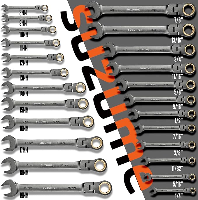 SUZUME 24-Piece Metric and SAE Flex Head Ratcheting Wrench Set 72 Teeth Cr-V Steel Ratcheting Wrench Set with 180째 Flex Head Ratchet Wrenches Set For Auto,Machine Repair