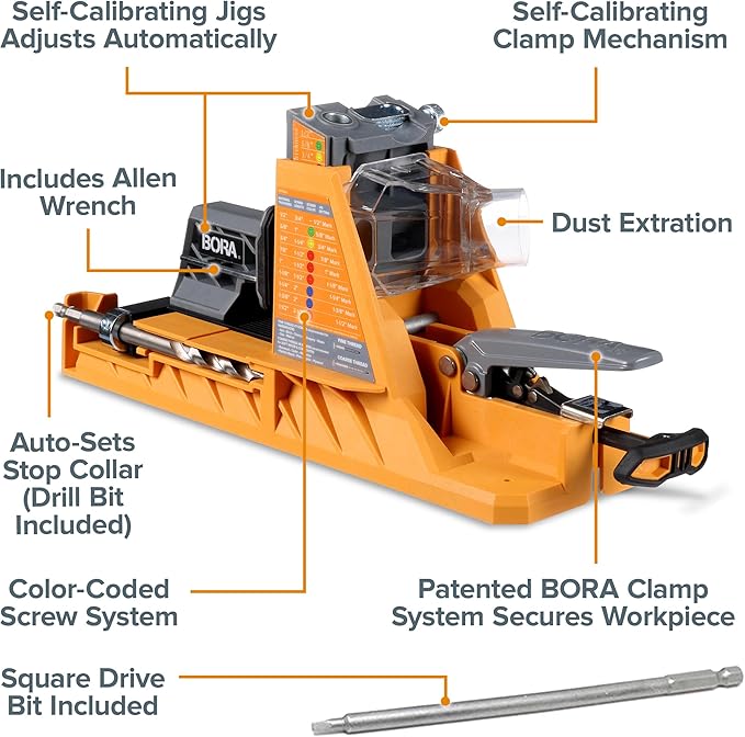 BORA Automatic Pocket Hole Jig with 50 Color-Coated Screws, Auto Adjusting Drill Guide, Pocket Hole Jig Kit for Woodworking - For Materials 1/2 inch to 1 1/2 inch Thick, Power Tool Accessory Jigs