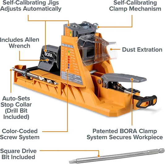 BORA Automatic Pocket Hole Jig with 50 Color-Coated Screws, Auto Adjusting Drill Guide, Pocket Hole Jig Kit for Woodworking - For Materials 1/2 inch to 1 1/2 inch Thick, Power Tool Accessory Jigs