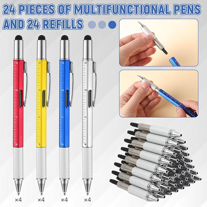 Yeaqee 24 Pcs Stocking Stuffers Bulk for Men 6 in 1 Screwdriver Multi Tool Pens with Refills Ruler Level Gauge for Party Favor Father's Christmas White Elephant Gifts (Classic Color)
