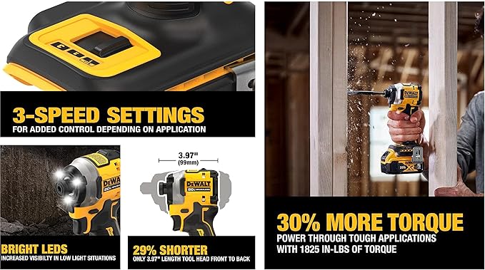 DEWALT ATOMIC 20V MAX* 1/4 in. Brushless Cordless 3-Speed Impact Driver one-pack Bare Tool (1pack ATOMIC 20V MAX Brushless 1/4 in. 3Speed Drive)