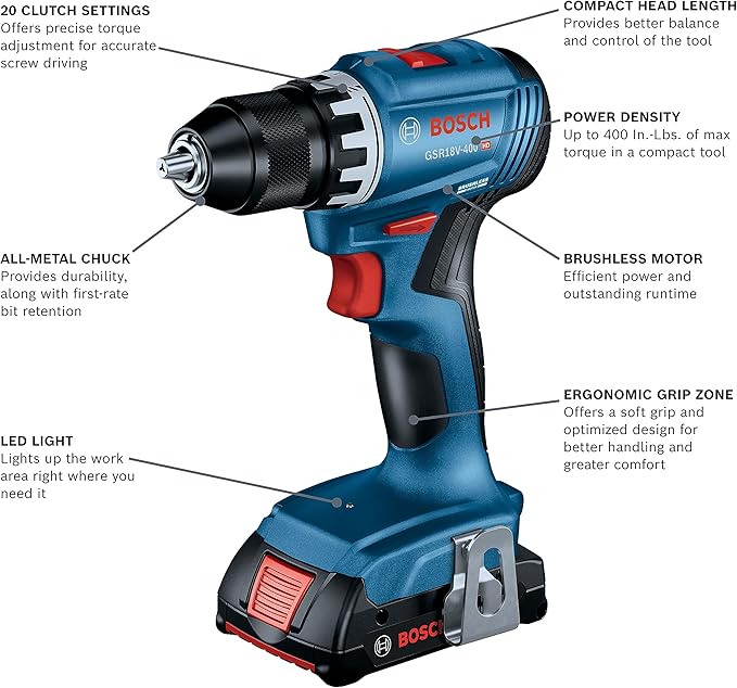 BOSCH GXL18V-27B22 Power Tool Combo Kit - 18V Brushless Compact 1/2 In. Cordless Drill Driver and 1/4 In. Hex Impact Driver (Includes: Two 2.0Ah Batteries, 18V Charger, and Carrying Tool Bag)