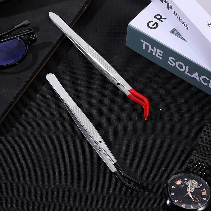 2 Pcs Tweezers Curved Bent Tip Craft Tweezers with Rubber Tips PVC Coated Long Stainless Steel Tweezer Metal Sticker Tweezer for Lab Jewelry Craft Tool Making DIY Crafting Stamp Red and Black