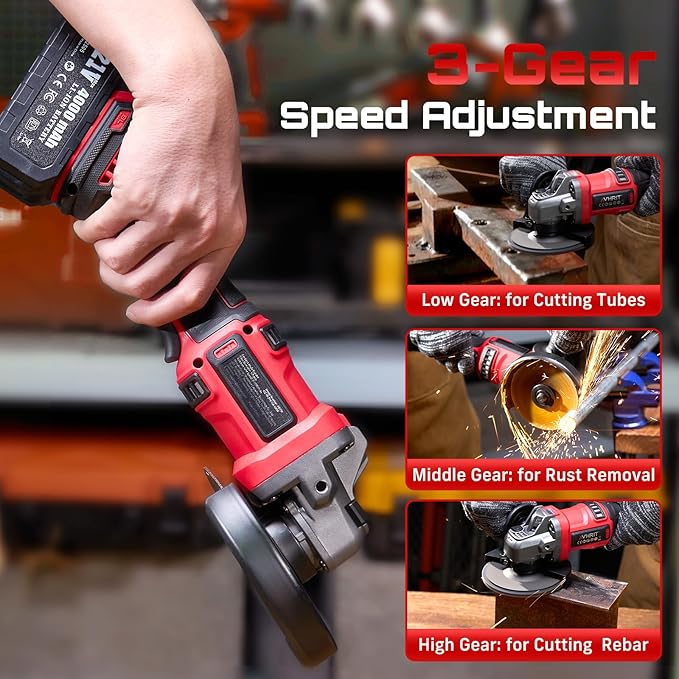 Cordless Angle Grinder 4-1/2 Inch, 21V Brushless Battery Grinder Tool with 2횞4.0Ah Batteries, Adjustable 3-speed with LED for Metal Cutting, Grinding, Rust Removal