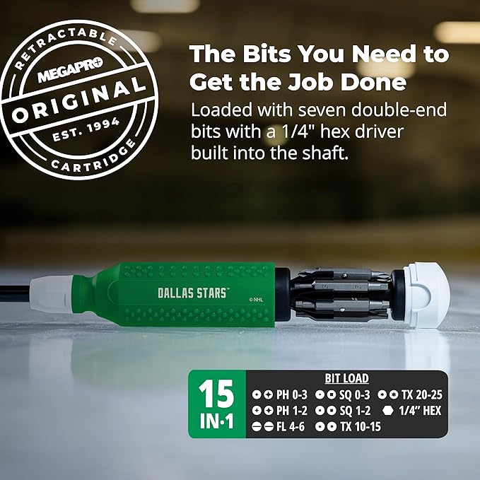 MEGAPRO짰 NHL짰 Team Edition Multi-bit Screwdriver | Officially Licensed NHL짰 Gear | Durable, Ergonomic, Pro-Grade Screwdriver (Dallas Stars??