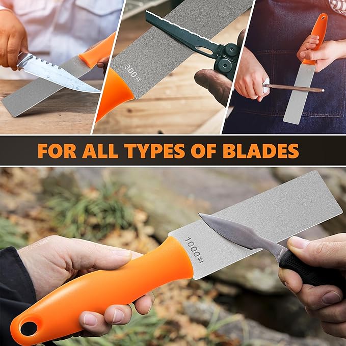 Feekoon 2 Pcs Dual Grit Diamond Sharpening Stone File Coarse 300# /Extra Fine 1000# Grit with Leather Sleeve Garden Tool Blade Sharpener for Knife, Axe, Lawn Mower Blade, Shears, Chisel Spade (Orange)
