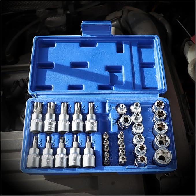 PRADE&CARFT Torx Star Socket Bit Set 34 Pieces | 3/8 Inch Drive Bit Socket Set|S2 Alloy Steel | Tamper Proof Trox Bits | E-Torx(Star) Sockets
