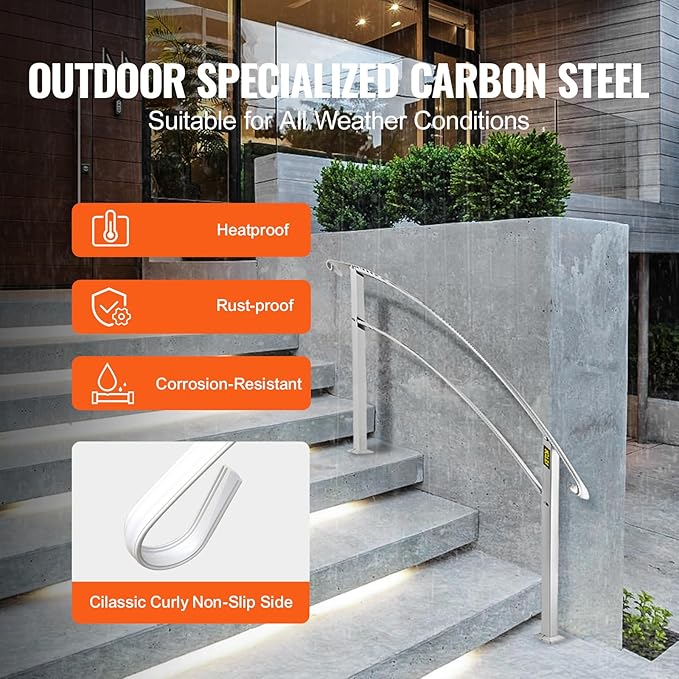 VEVOR Handrail for Outdoor Steps, 3-4 Steps White Arch#1, Adjustable Metal Staircase Railing, Thickened Stair Railings for Porch, Deck