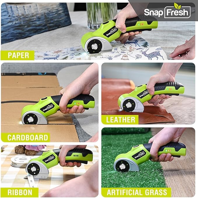 SnapFresh 4V Cordless Electric Scissors-Rechargeable Rotary Box Cutter w/ 2.0Ah Battery, 2 Self-Sharpening Blades, LED Light & Safety Lock,Carpet Cutter Tool for Cardboard, Fabric, Leather, Plastic