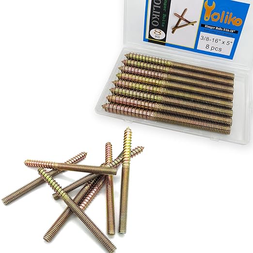 8 Pack 3/8-16 x 5 Inch Hanger Bolts 3/8-16" Double Headed Bolts 3/8 Wood Dowel Screw Self-Tapping Screw Hanger Bolts for Furniture Double Threaded Rods Bolt 127mm Length