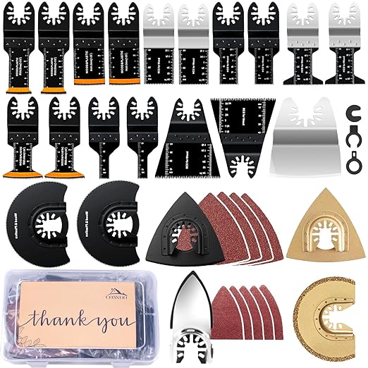 CONNOO 86 Pack Oscillating Saw Blades with Case, Arc Edge Multitool Blades, Oscillating Tool Blade, Bi-Metal for Wood/Metal/Plastic Kits Fit for Ryobi