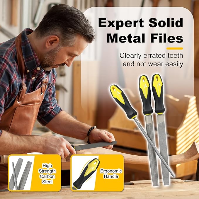 MORROWIND 3 Pcs Metal File Set, 8-Inch Carbon Steel Files with Flat, Half-Round, and Round Shapes, Heavy-Duty Hand Tools for Metal, Wood, Plastic and More, Yellow