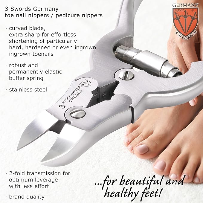 3 Swords Germany ??Big Toe Nail NIPPERS - Extra Strong Toe Nail NIPPERS for Cutting Strong, Thick or ingrown Toe Nails - Stainless Steel Pedicure Tool with Synthetic Leather case