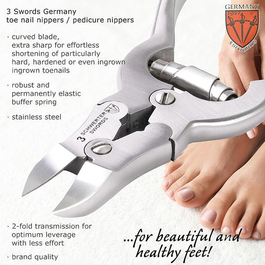 3 Swords Germany ??Big Toe Nail NIPPERS - Extra Strong Toe Nail NIPPERS for Cutting Strong, Thick or ingrown Toe Nails - Stainless Steel Pedicure Tool with Synthetic Leather case