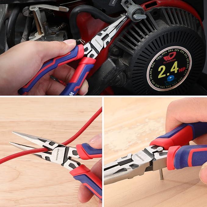 WORKPRO Premium 6??Needle Nose Pliers, Paper Clamp Precision, Heavy-Duty CRV Steel, Soft Grip with Wire Cutter, Long Nose Cutting Pliers