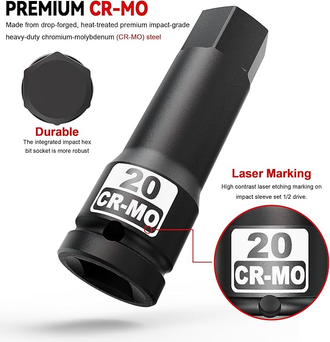 1/2" Drive 20 mm Hex Impact Bit Socket, H20 Allen Bit Socket, Metric, Cr-Mo Steel, Automotive Repair Industrial Maintenance and DIY Enthusiasts Alike