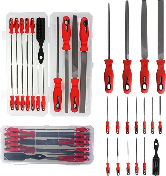 Plg2Sup 17PCs Metal File Set, Metal Files for Steel, GCr15 12 Needle Files and T12 4 Matal Files with Case, 1 Steel Brush, 1 Plastic Box, File Sets for Wood and Metal, for Metalworking & Woodworking
