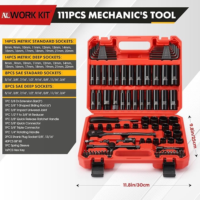 Mechanics Tool Set 111Pcs, Metric(8-15mm) & SAE(5/16"-3/4") Socket Set, CR-V Deep & Shallow Socket Kit with Quick Release Ratchet, Drive Adapters, Universal Joint, Hex Key Set & Bit Set