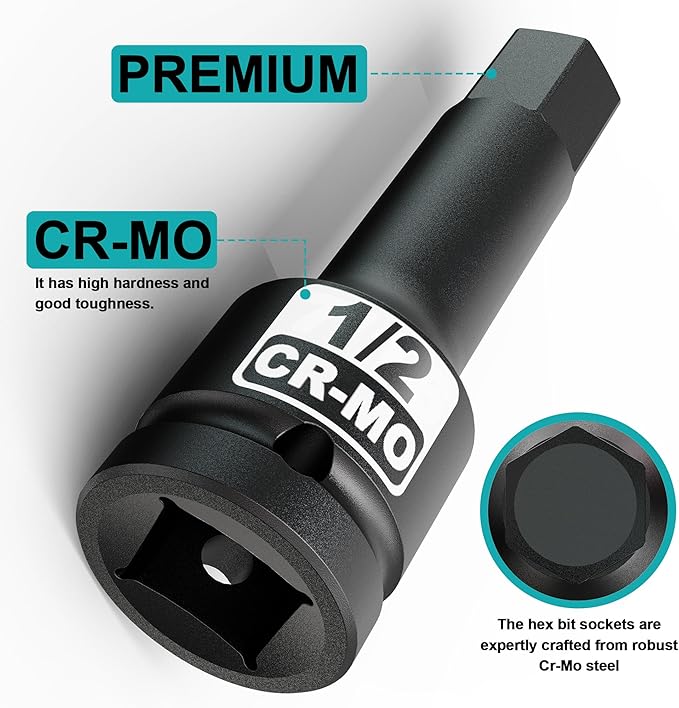 1/2" Drive H1/2-Inch Impact Hex Bit Socket, SAE Allen Bit Socket, Cr-Mo Steel, Removing Loosening Hexagon Bolts