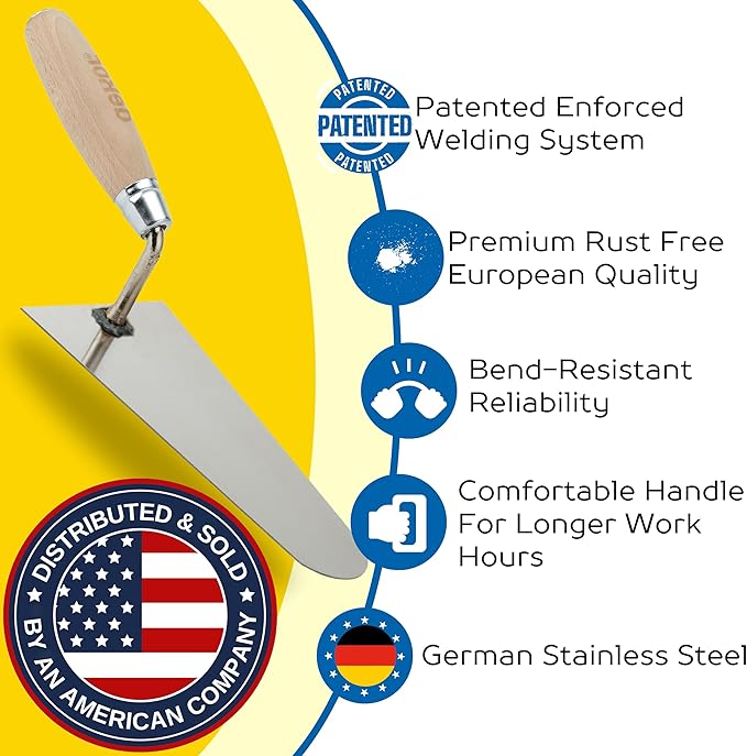 DEKOR Plaster and Brick Trowel - Size 8" - German Stainless Steel Ensures Rust-Free Performance for Masonry Tools, Bricklaying, Plastering - Commercial and DIY Use - Made in Europe - Wooden Handle