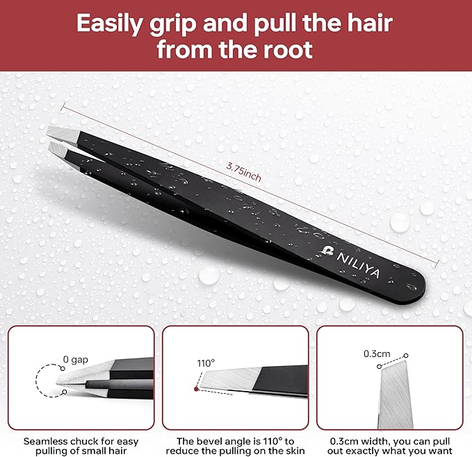 Tweezers for Women Facial Hair, Precision Slant Eyebrow Tweezers, Sharp Plucker for Remove Hair and Blackhead, With Travel Case（Black)