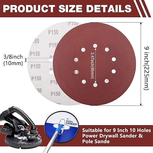 50 Pack 9-Inch 10-Hole Hook-and-Loop Sanding Disc, 150 Grit Aluminum Oxide Drywall Sandpaper for ??" Drywall Sander Pads Ceiling Wood Floor