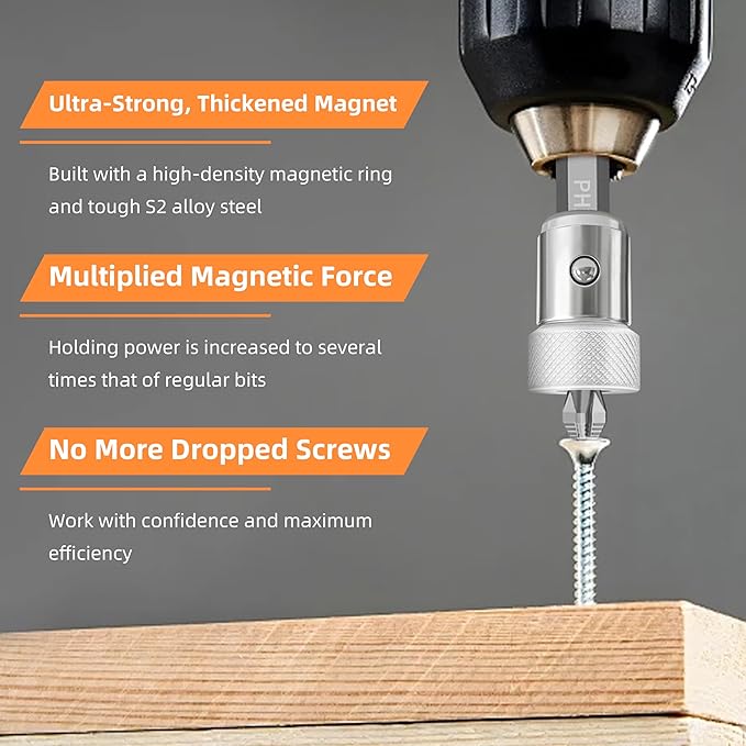 Upgrade 3-Piece Strong Magnetic Screw Ring & 3 Pcs Ph2 Screwdriver Bit Set, 1/4" Universal Drill Bit Holder Ring with Strong Magnet for Hex Screwdriver, Power Bits, DIY & Professional Tool Kit