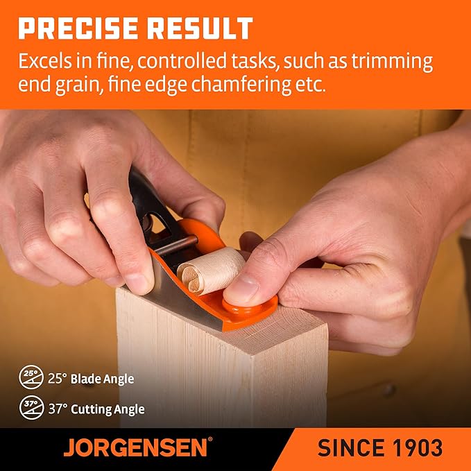 JORGENSEN 5-1/4" Wood Planer, Hand Planer for Woodworking, Low Angle Block Plane, Small Hand Plane for Detail Trimming, Wood Planing, Craft - Professional Ductile Iron Body, Adjustable Cutting Depth