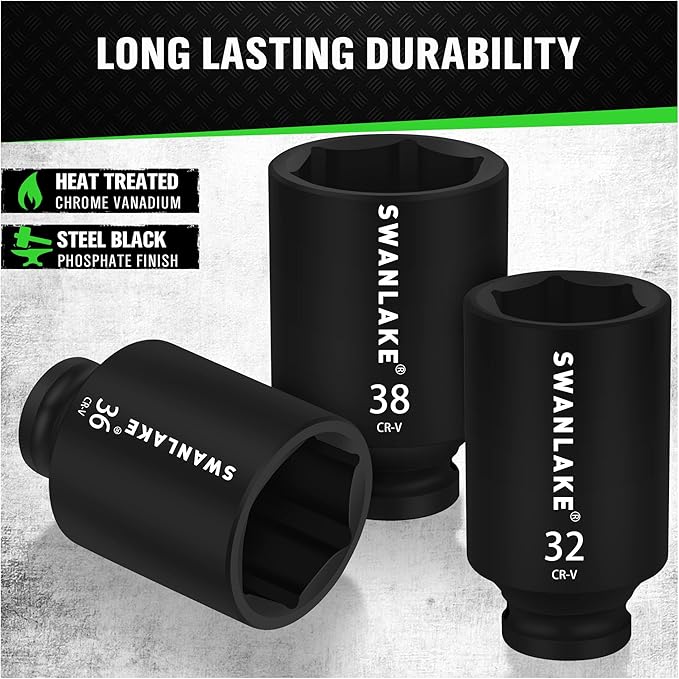 SWANLAKE 9PCS 1/2" Metric Impact Socket Set, Spindle Axle Nut Impact Socket,29mm-38mm,CR-V