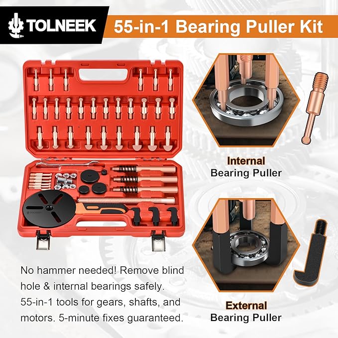 33-in-1 Bearing Puller Kit, Upgraded Heavy-Duty Wheel Bearing Removal Tool & Blind Hole Puller Set with Non-Slip Handle for Automotive, Industrial, Farm Use, Includes Portable Case (55in1-puller)