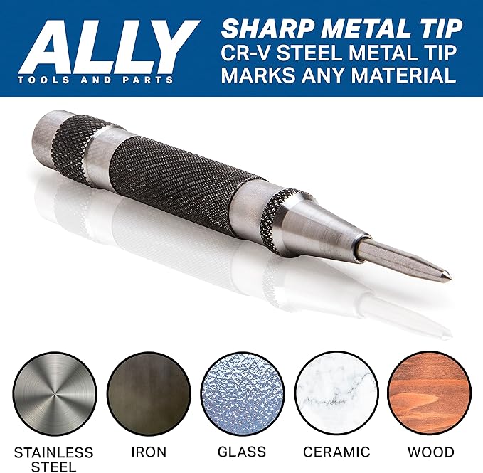 ALLY Tools Heavy Duty Automatic Center Punch w/Hardened Steel ??2PC Premium Automatic Center Punch for Metal for Machinists and Carpenters w/Adjustable Knurled Cap, Spring Loaded and Hard-Shell Case
