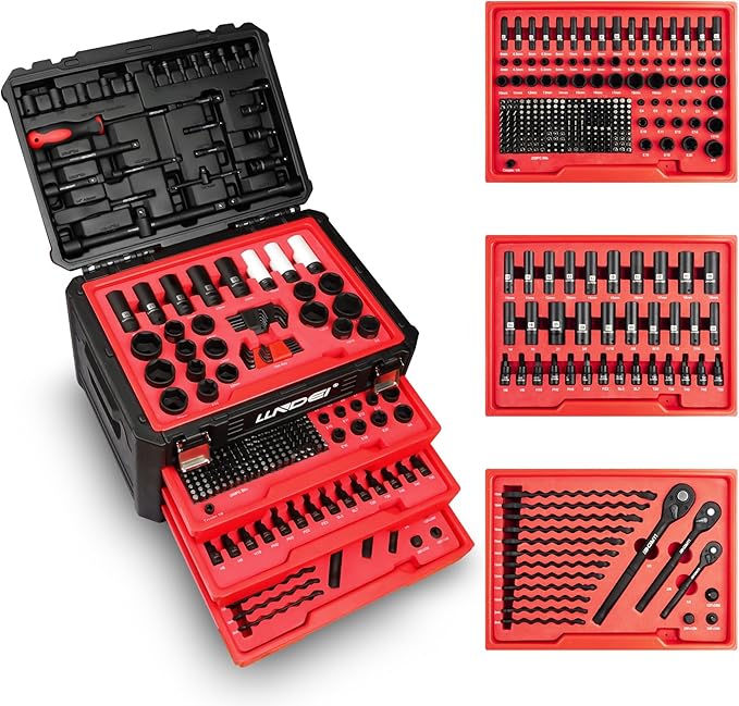 LLNDEI Mechanics Tool Set and Socket Set, 1/4" 3/8" 1/2" Drive Deep and Standard Sockets 12 Point, 390 Pcs SAE and Metric Mechanic Tool Kit with Bits, Combination Wrench