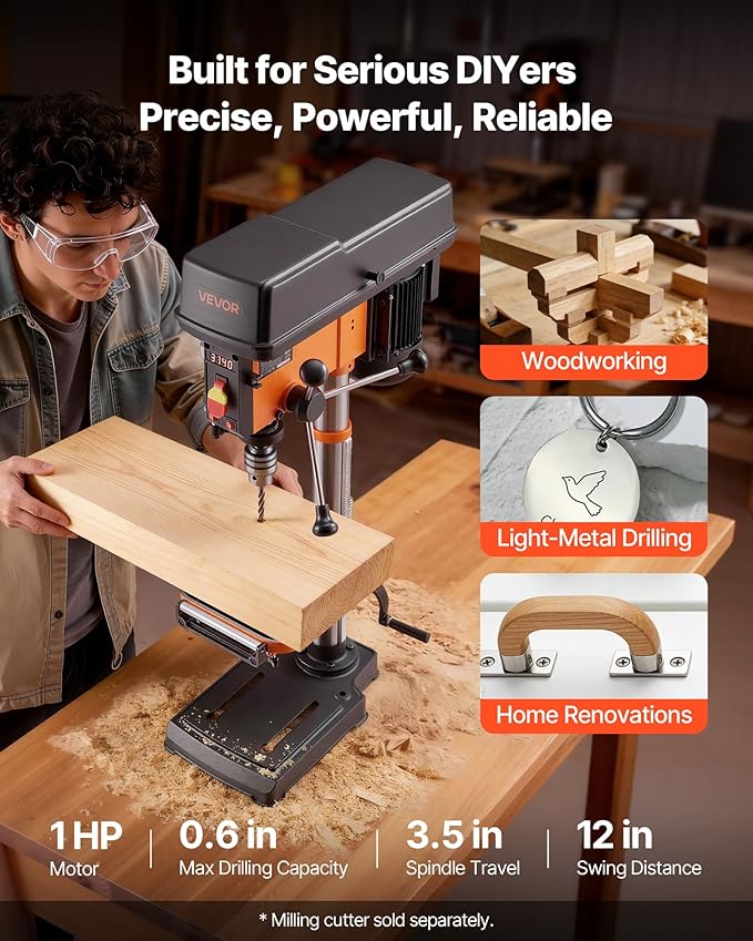 VEVOR 12-Inch Benchtop Drill Press, 6.2 Amp, 1 HP Bench Drill Press, 530 to 3140 RPM Variable Speed, 0-45째 Tilting Worktable, with Laser and LED Work Light, Tabletop Drilling Machine, for Wood Metal