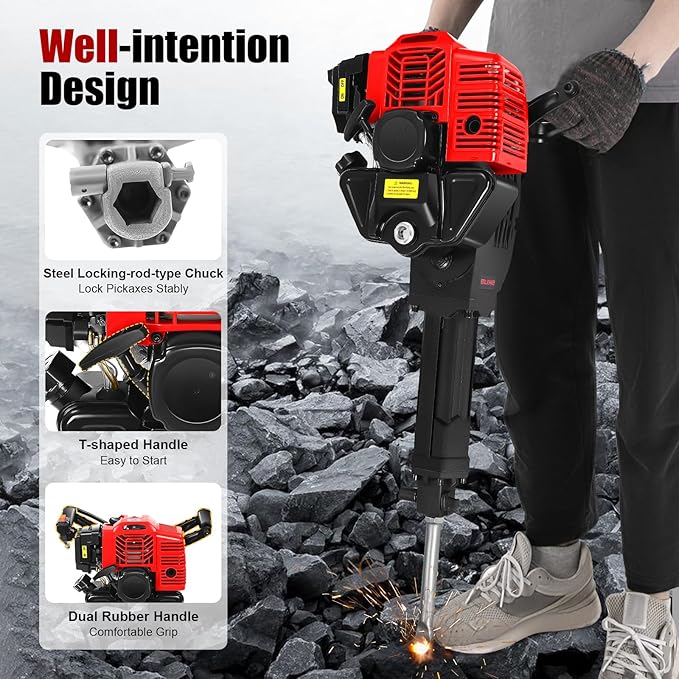 Gas Demolition Jack Hammer 55CC 2 Stroke Gasoline Concrete Breaker Punch Drill Breaker Drilling Machine 1900W 6500RPM, for Trenching Chipping Breaking Holes, with Pointed Flat Pickaxes