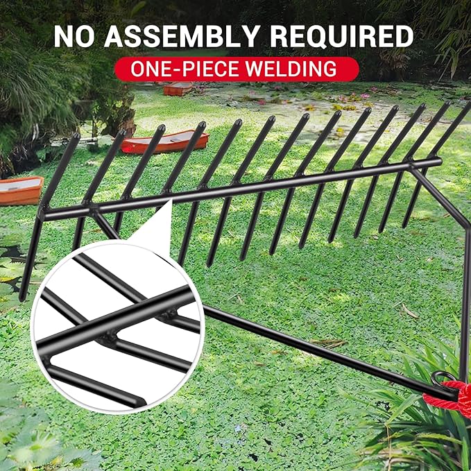 24" Aquatic Weed Rake, No Assembly Required, 8.6" Steel Rod Lake Weed Cutter, One-Piece Welding, Lake Weed Rake for Pond Beach Landscaping, Perfect Tie Hole, 30ft Thicker Rope and Net, Black.