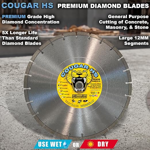 Cougar HS 14 Inch 3-Pack Diamond Concrete Saw Blade, Premium General Purpose Segmented Blade, Dry/Wet Cutting Concrete, Masonry, Brick, & Block 1"-20mm Arbor (3 Pcs)