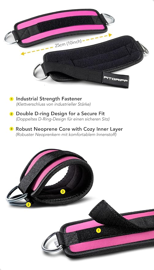 Fitgriff짰 Ankle Straps V1 for Cable Machine (2 Pieces) - Gym Workout Equipment - Leg Pulley Attachment, Kickback Straps
