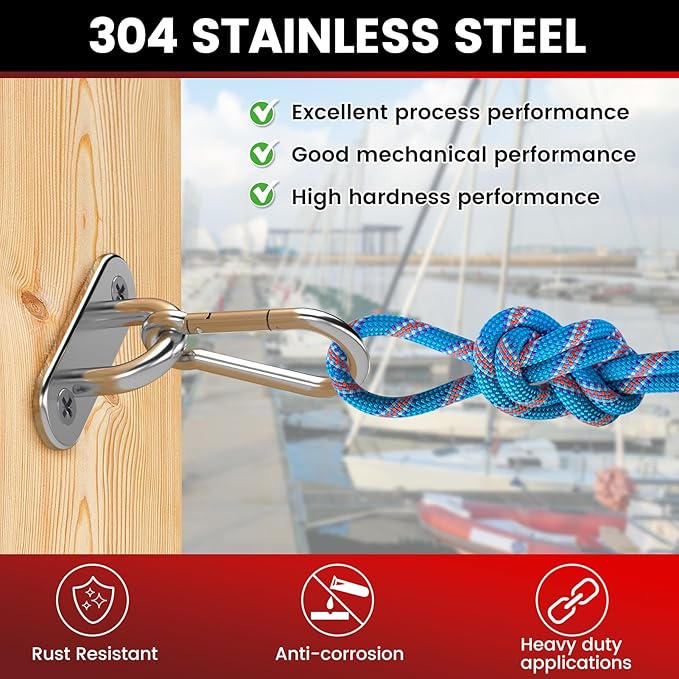 sprookber 304 Stainless Steel Pad Eye Snap Hooks, M8 Heavy Duty Ceiling Hooks, 1200 lb Capacity Hammock Swing Hanging kit, Plant Hangers, Marine Hardware Staple Hook Loop with Screws, Set of 8