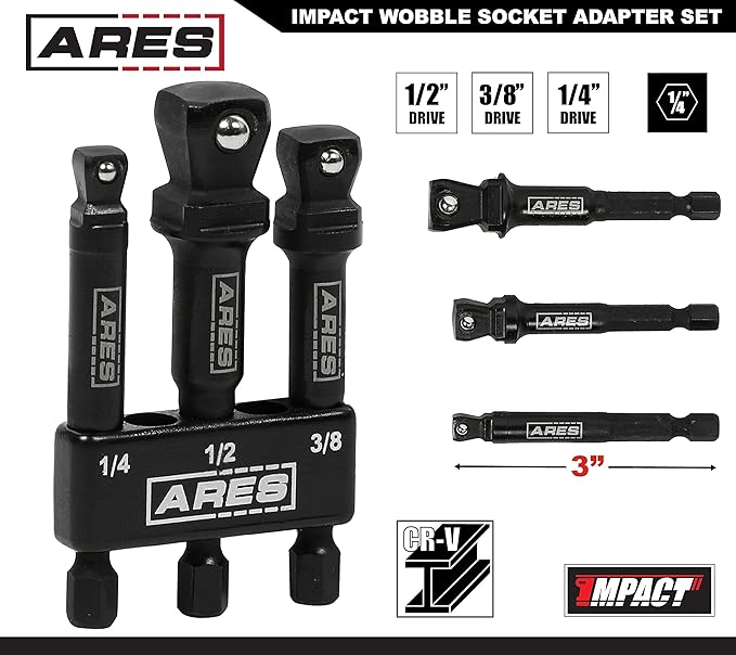 ARES 22046 ??3-Piece 3-Inch Impact Wobble Extension Set - 1/4-Inch, 3/8-Inch, and 1/2-Inch Drive Wobble Extensions Offer 30-Degree Range of Motion for Enhanced Access ??Includes Extension Holder