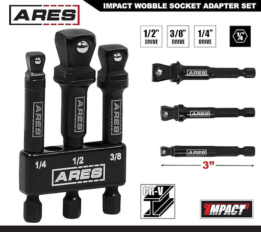 ARES 22046 ??3-Piece 3-Inch Impact Wobble Extension Set - 1/4-Inch, 3/8-Inch, and 1/2-Inch Drive Wobble Extensions Offer 30-Degree Range of Motion for Enhanced Access ??Includes Extension Holder