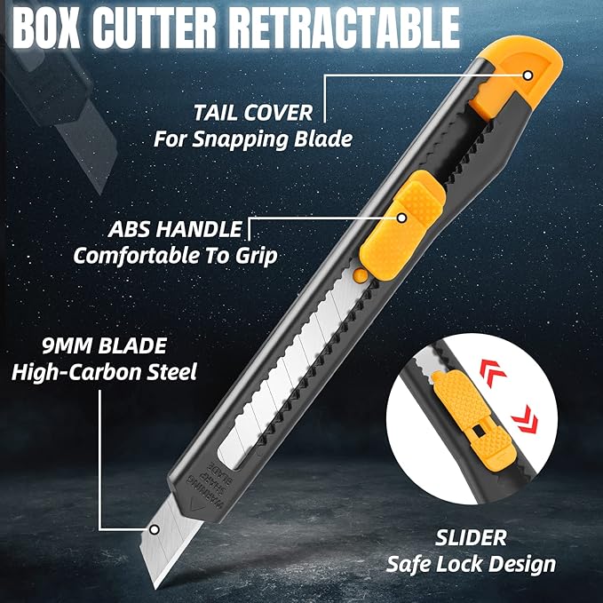 16 Pack Box Cutter Retractable, 9mm Wide Utility Knife, Box Opener, Disposable Box Cutter Knife, Box Ppener, Navajas de Trabajo Exacto Knife for Home, Office Use