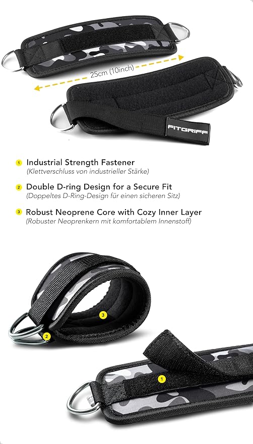 Fitgriff짰 Ankle Straps V1 for Cable Machine (2 Pieces) - Gym Workout Equipment - Leg Pulley Attachment, Kickback Straps