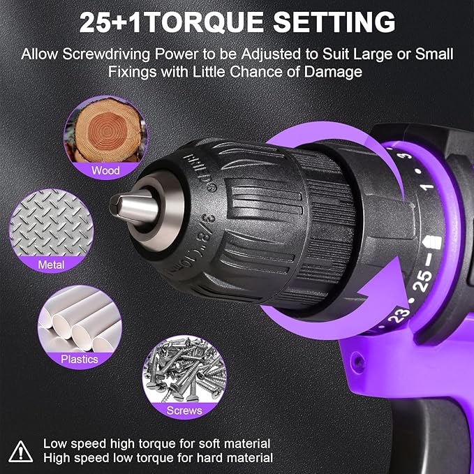 Purple 12V Cordless Drill,Electric Power Driver Kit,3/8-Inch Keyless Chuck, Variable Speed,with Drills Bits Set for Home DIY