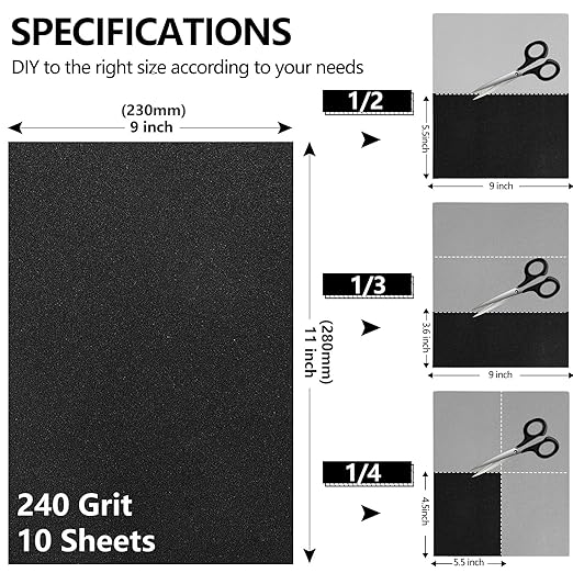 240 Grit Sandpaper, 9 x 11 Inch Wet Dry Sand Paper Hand Abrasive Sanding Sheets for Wood Metal Automotive Sanding and Polishing - 10 Sheets