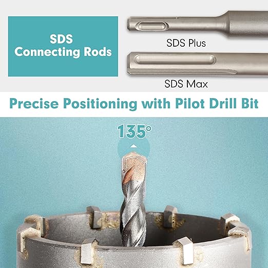 9Pcs Masonry Concrete Hole Saw Kit (30 40 65 80 100 mm), 300 mm Tungsten Carbide SDS Plus and SDS Max Bit Shank, Hole Saw Set for Concrete Brick Cement Tile
