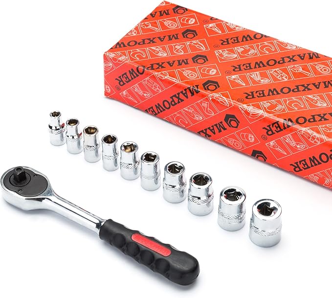 MAXPOWER 11-Piece 1/4-inch Ratcheting Socket Wrench Metric Set 5mm ??14mmQuick Release Reversible Ratchet Handle and Swappable with Hanging Rack