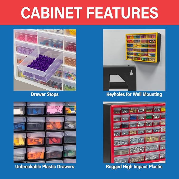 Akro-Mils 24-Drawer Plastic Drawer Storage Cabinet for Garage Organization, Bead Organizer, Building Bricks Storage, Teacher Toolbox, Makeup Organizer, 20" W x 6" D x 16" H, 10724 Black
